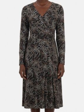 Talbots Long-Sleeve Paisley Faux Wrap Midi Dress in Black and Brown - Small